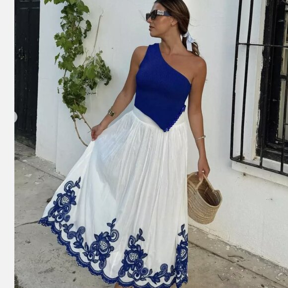 Zara Dresses & Skirts - Zara embroidered midi skirt blue white